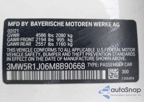2021 BMW 330I z USA, uszkodzony, nr VIN 3MW5R1J06M8B90668